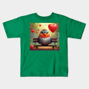 Baby Robin on Bench with Red Heart Balloons Kids T-Shirt